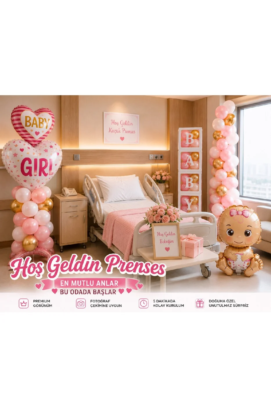 Hoş Geldin Bebek Hastane Odası Süsleme Seti | Erkek & Kız Bebek Dekorasyon Seti | BABY Kutu Seti, Baby Boy/Girl Balon, Bebek Folyo, Balon Zinciri | Premium Fotoğraf Çekim Konsepti
