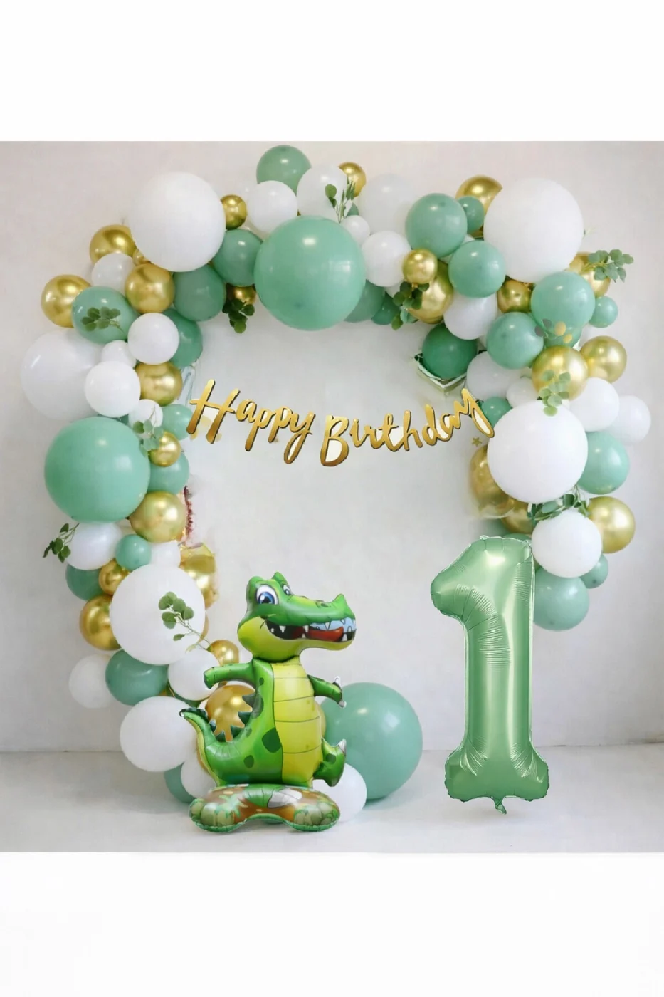 Dinozor Temalı Yaş Balonlu Doğum Günü Parti Seti Yeşil Gold Balon Seti & Dino Balon Seti