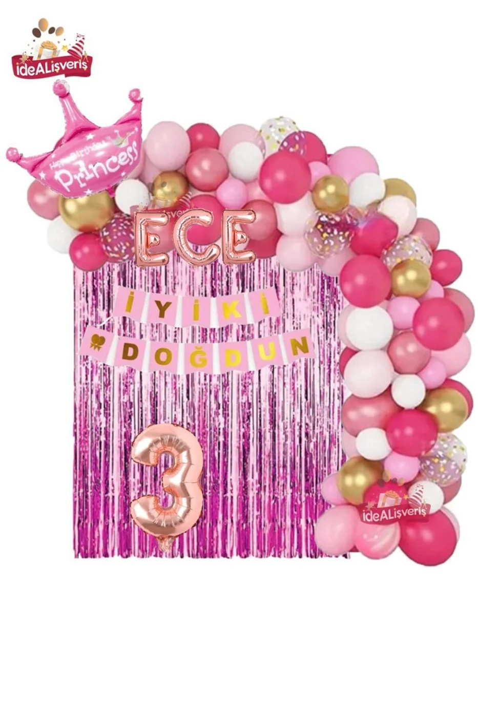 3 Harfli Rose İsimli Pembe Beyaz Konseptli Kraliçe Taçlı Doğum Günü Balon Zincir Parti Seti Süsü gorsel 3