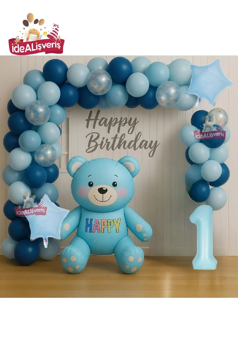 ERKEK ÇOCUKLAR İÇİN MAVİ YAŞ AYICIK FOLYO BALONLU DOĞUM GÜNÜ PARTİ SETİ SÜSÜ gorsel 8