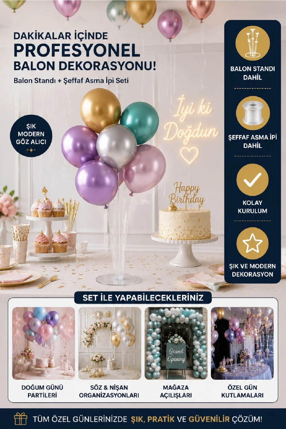 2'li Şeffaf Balon Standı Seti | 7 Kollu Balon Standı + 10 Metre Şeffaf Asma İpi | Doğum Günü, Baby Shower, Nişan ve Organizasyonlar İçin Parti Aksesuarı Parti Seti Süsü gorsel 8