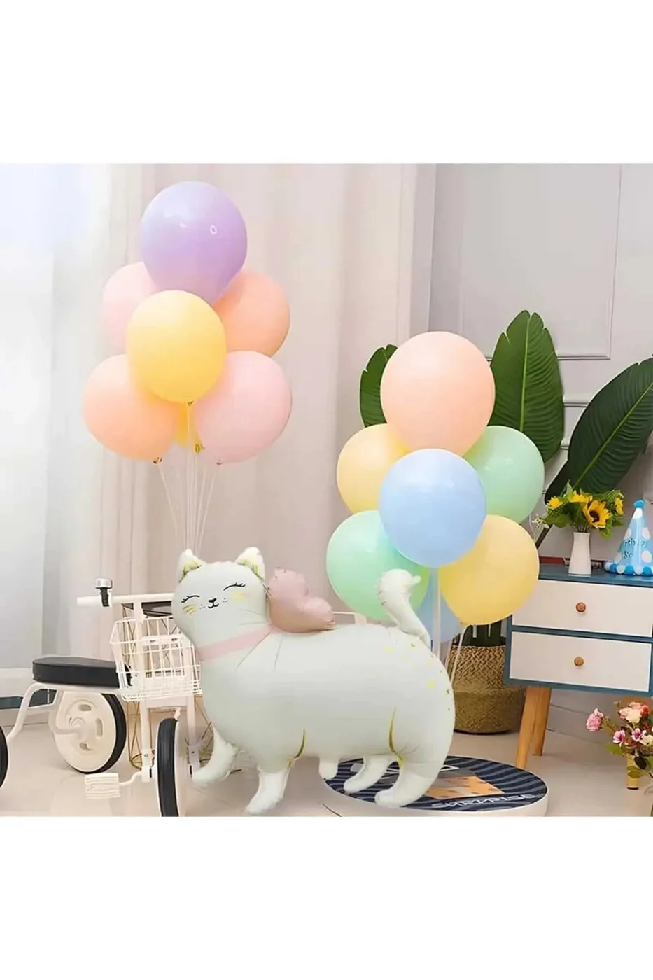 Makaraon Balonlu Sevi̇mli̇ Kedi̇ Retro Renkli̇ Folyolu Balon Doğum Günü Parti̇ Seti̇ Süsü