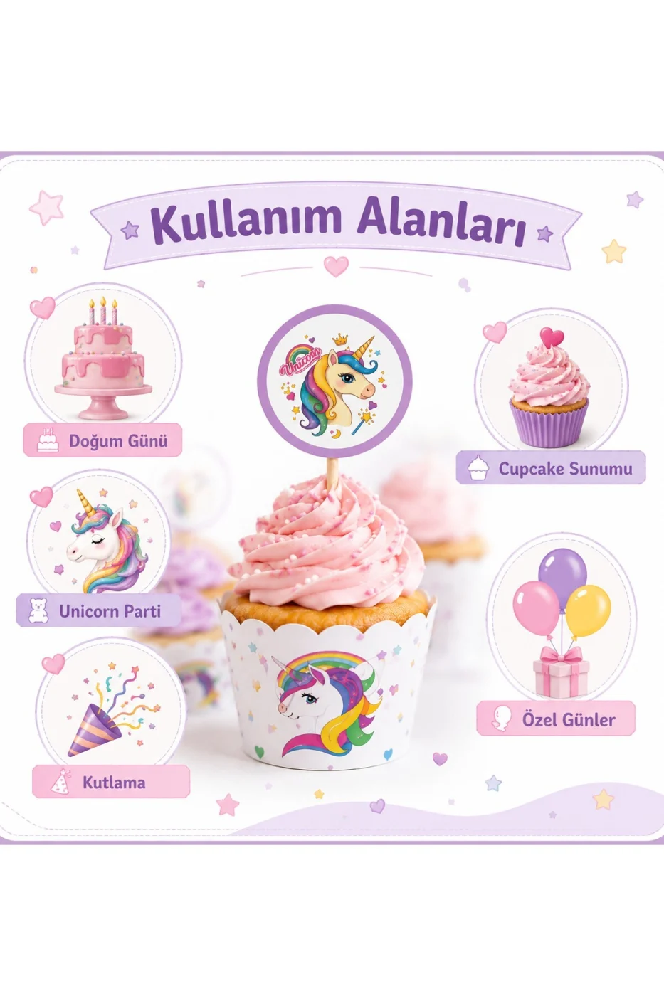 Unicorn Cupcake Süsü 8'li Set | 8 Cupcake Kalıbı + 8 Unicorn Kürdan | Doğum Günü Parti Malzemeleri | Baby Shower | Diş Buğdayı gorsel 6