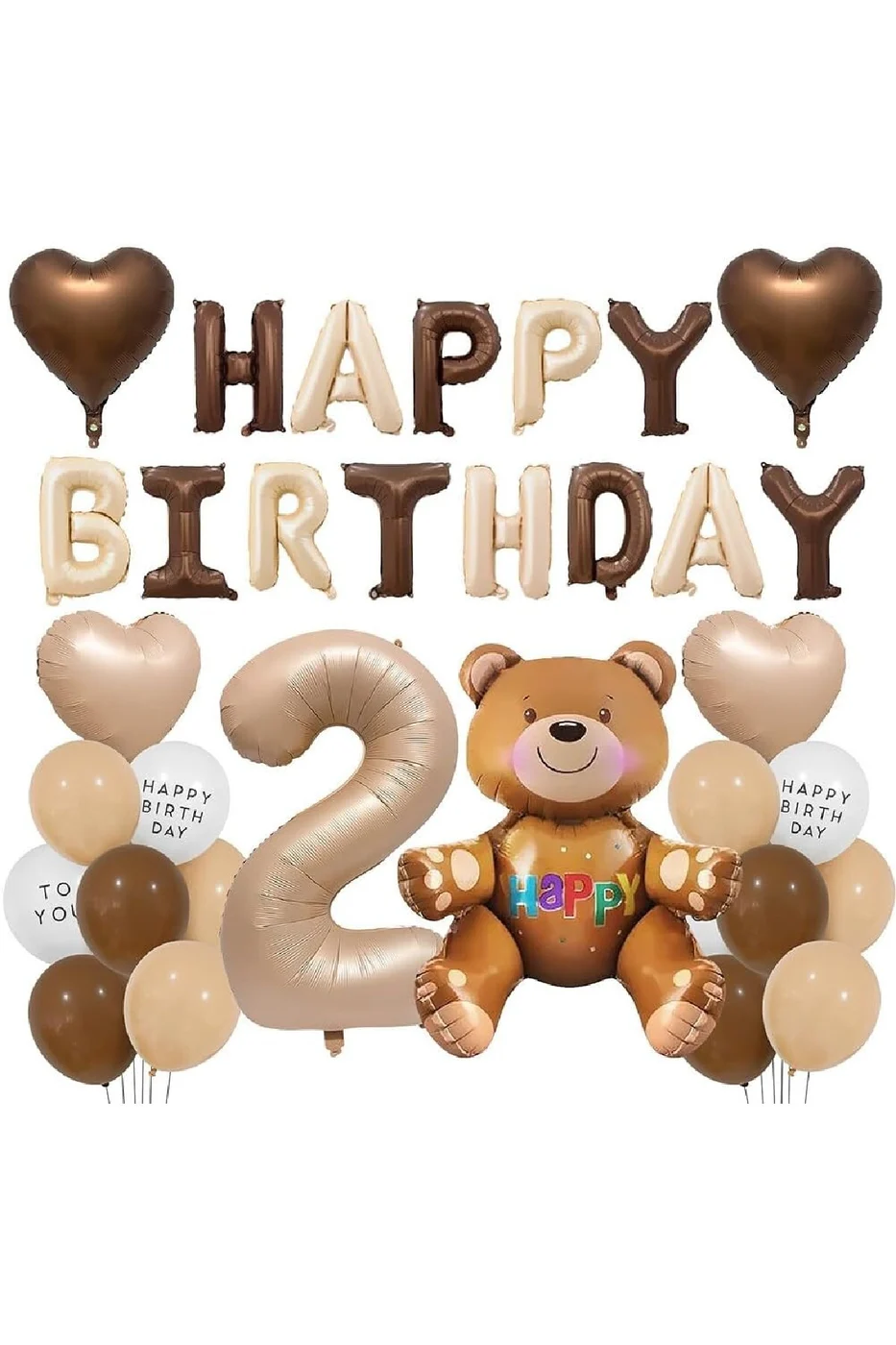2Yaş Retro Ayıcık Kahverengi Folyolu Balon Happy Birthday Afiş Dekorasyon Doğum Günü Parti Seti Süsü gorsel 2