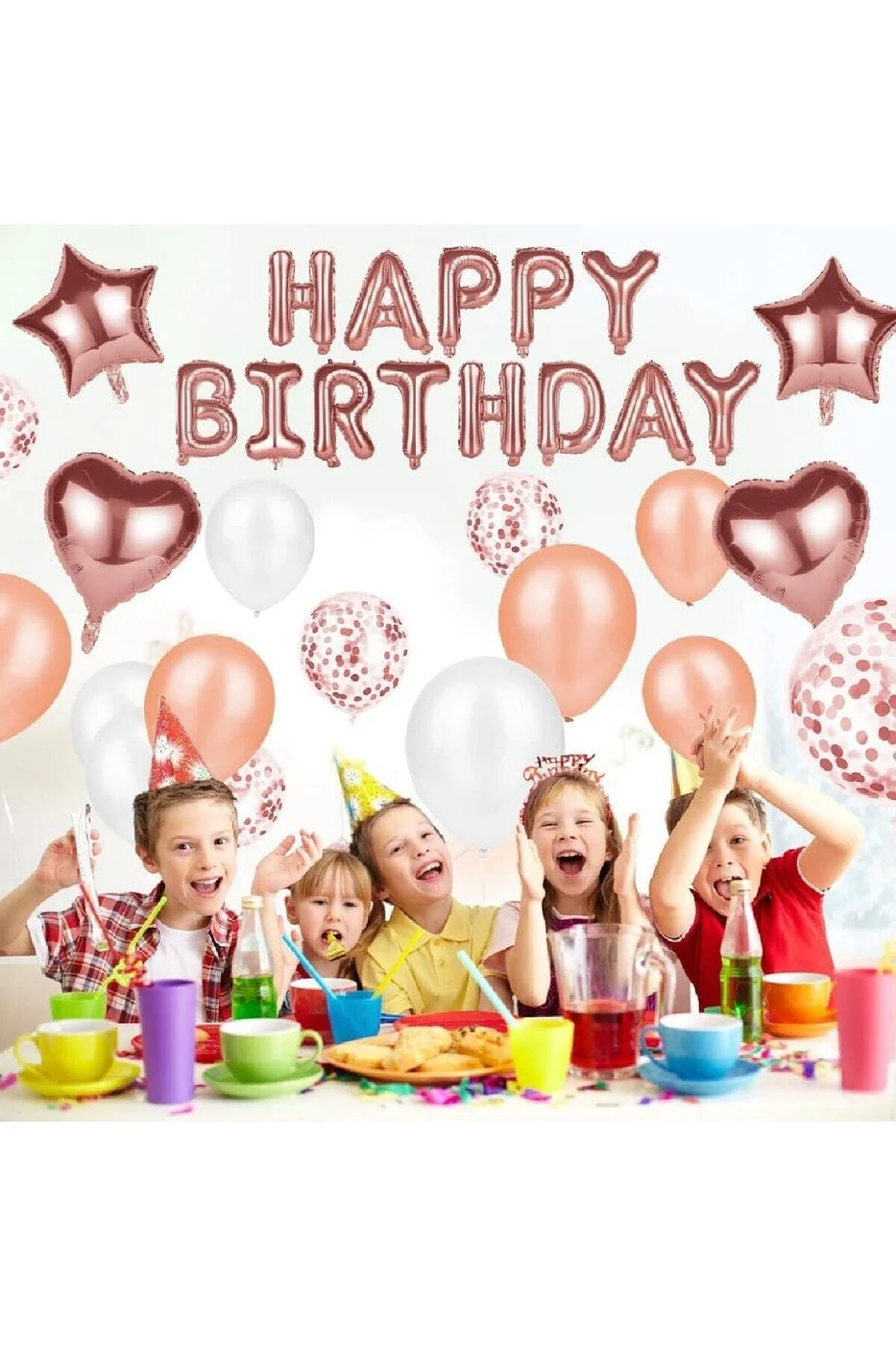 Rose Gold Happy Birthday Folyo Balon Kalpli Yıldızlı Doğum Günü Parti Seti Süsü gorsel 5