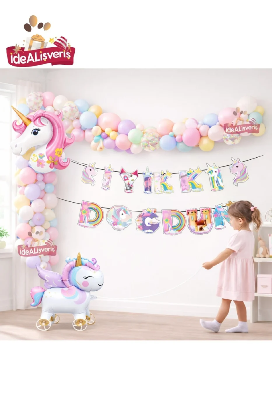 Tekerlekli Unicorn Doğum Günü Konsept Seti – Çekilebilir Folyo Balonlu Makaron Balon Zinciri