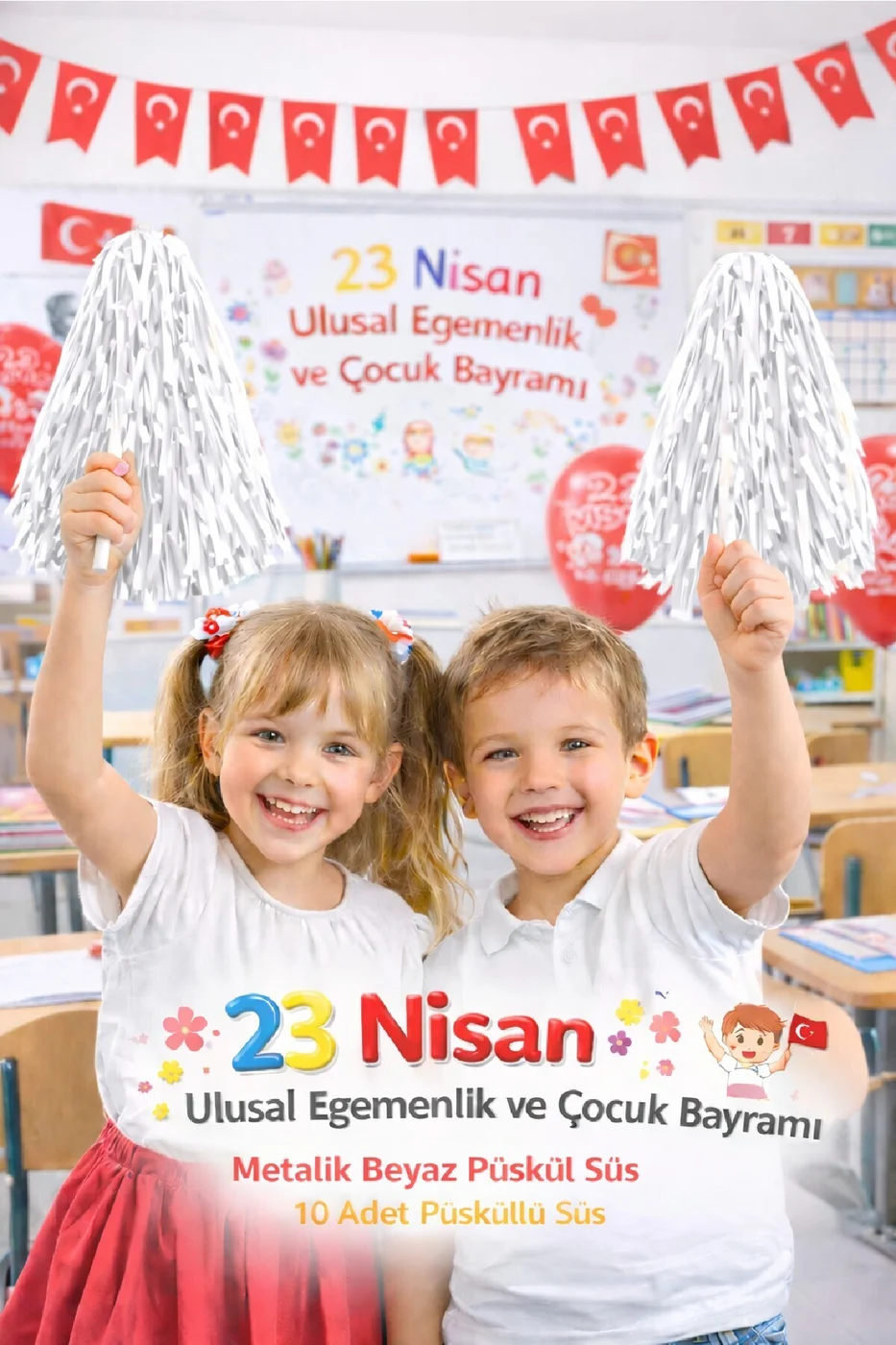 1 Çift 23 Nisan Metalik Püskül Süs – Çocuk Bayramı Parti Dekoru 2 Adet