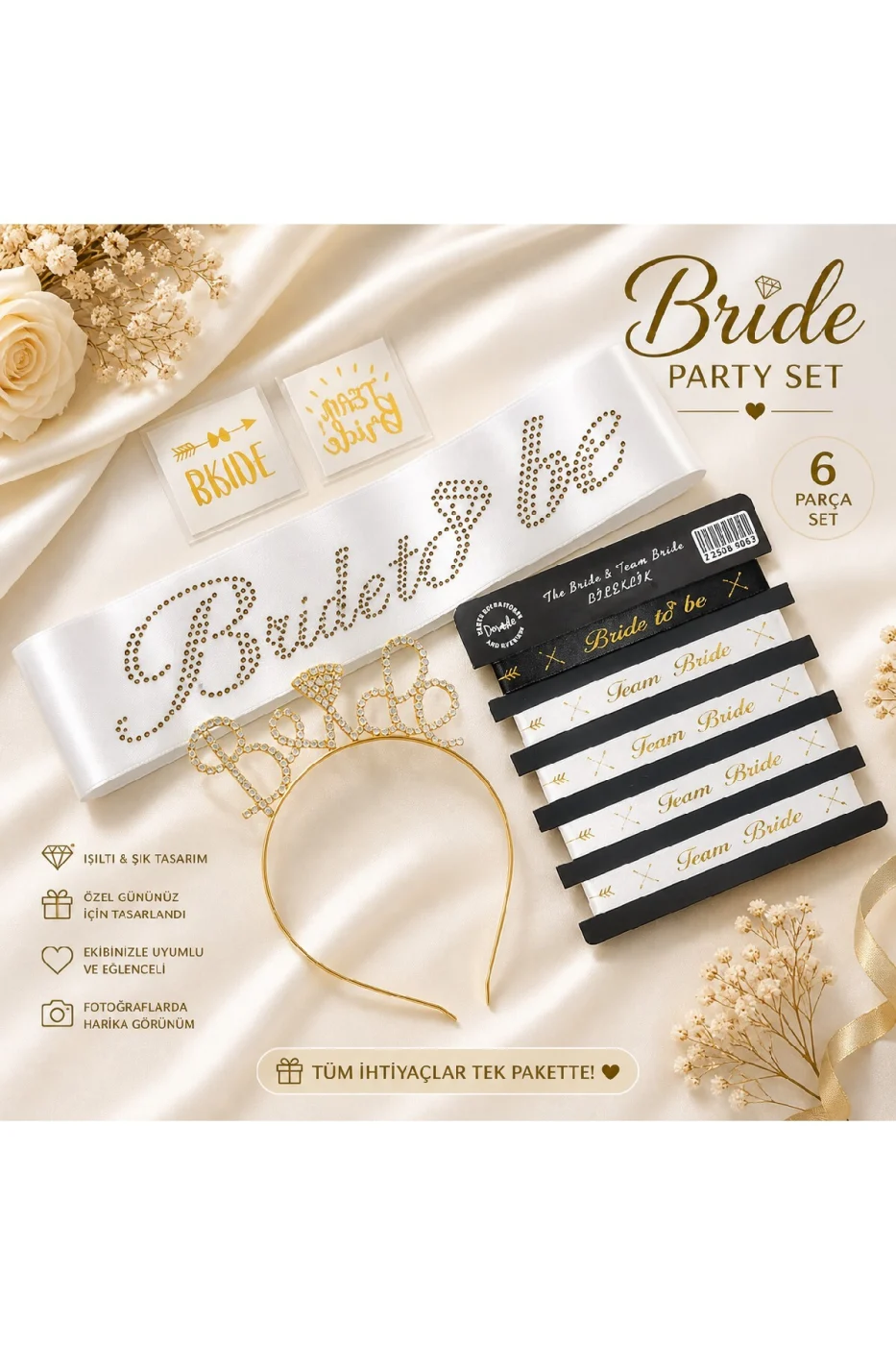 Bride To Be Bekarlığa Veda Seti 5 Parça – Taşlı Kuşak, Taşlı Metal Taç, Bileklik ve Dövme Seti Beyaz Gold