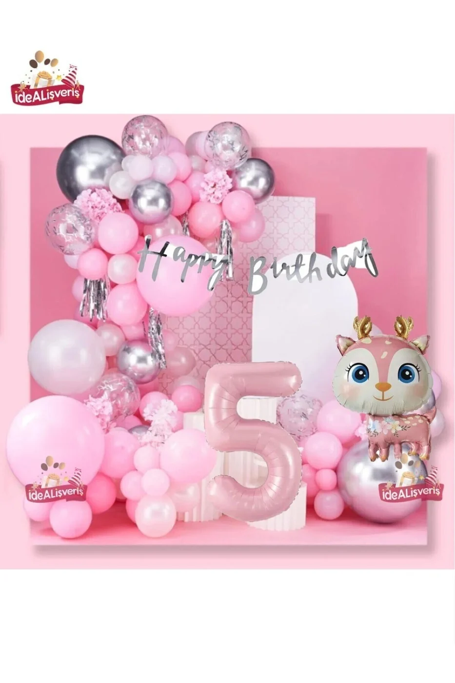 Kız Çocukları İçin Pembe Geyik Doğum Günü Süsü Seti 1-9 Yaş Pembe Balon Zinciri Happy Birthday Banner Parti Konsepti Seti