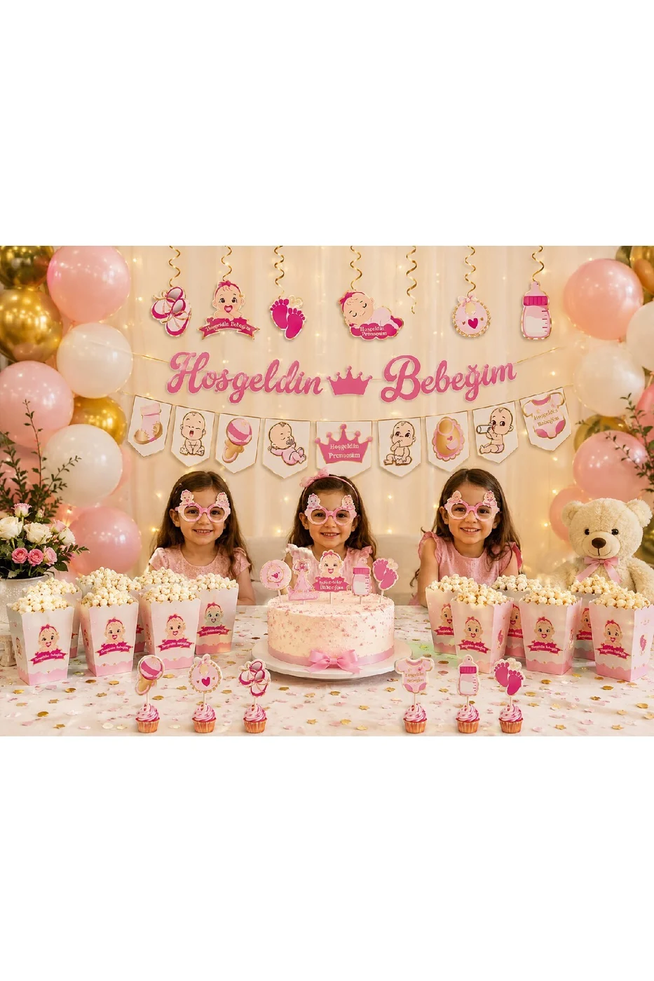Hoşgeldin Bebeğim Parti Seti | Kız Bebek Baby Shower Süsleri, Banner, Kapı Süsü ve Pasta Figürleri gorsel 2