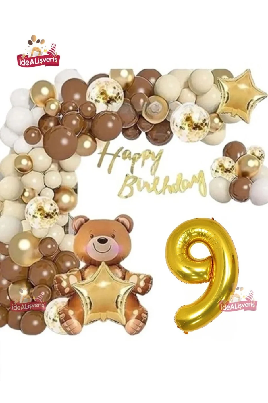 LÜKS KAHVERENGİ OTURAN AYI 9 YAŞ BALON SETİ DOĞUM GÜNÜ SÜSÜ PARTİ SETİ gorsel 2