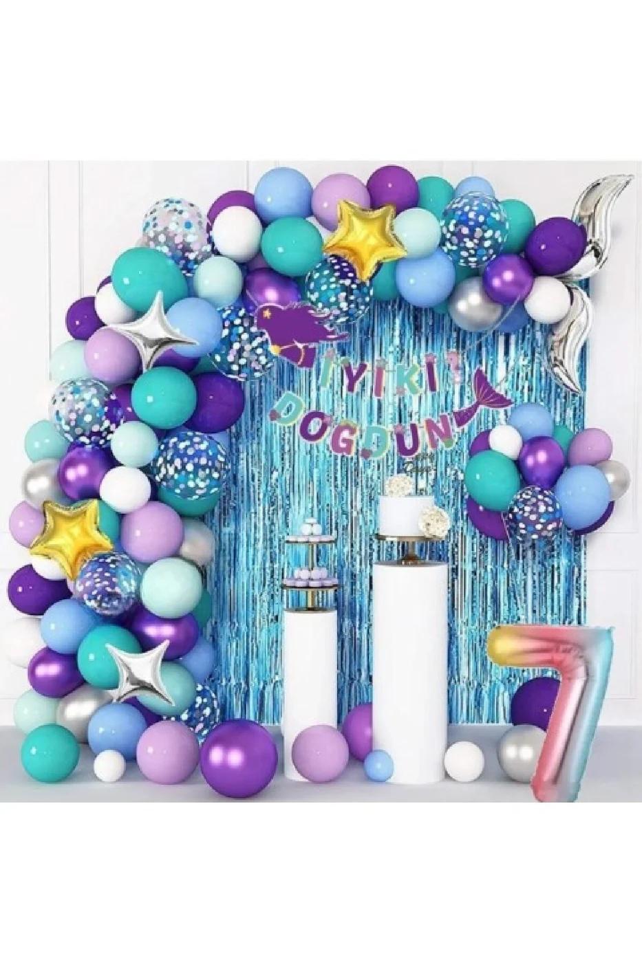 7 Yaş Gökkuşağı Folyolu Deniz Kızı Lüks  Balon Zinciri Doğum Günü Parti Seti Süsü gorsel 3