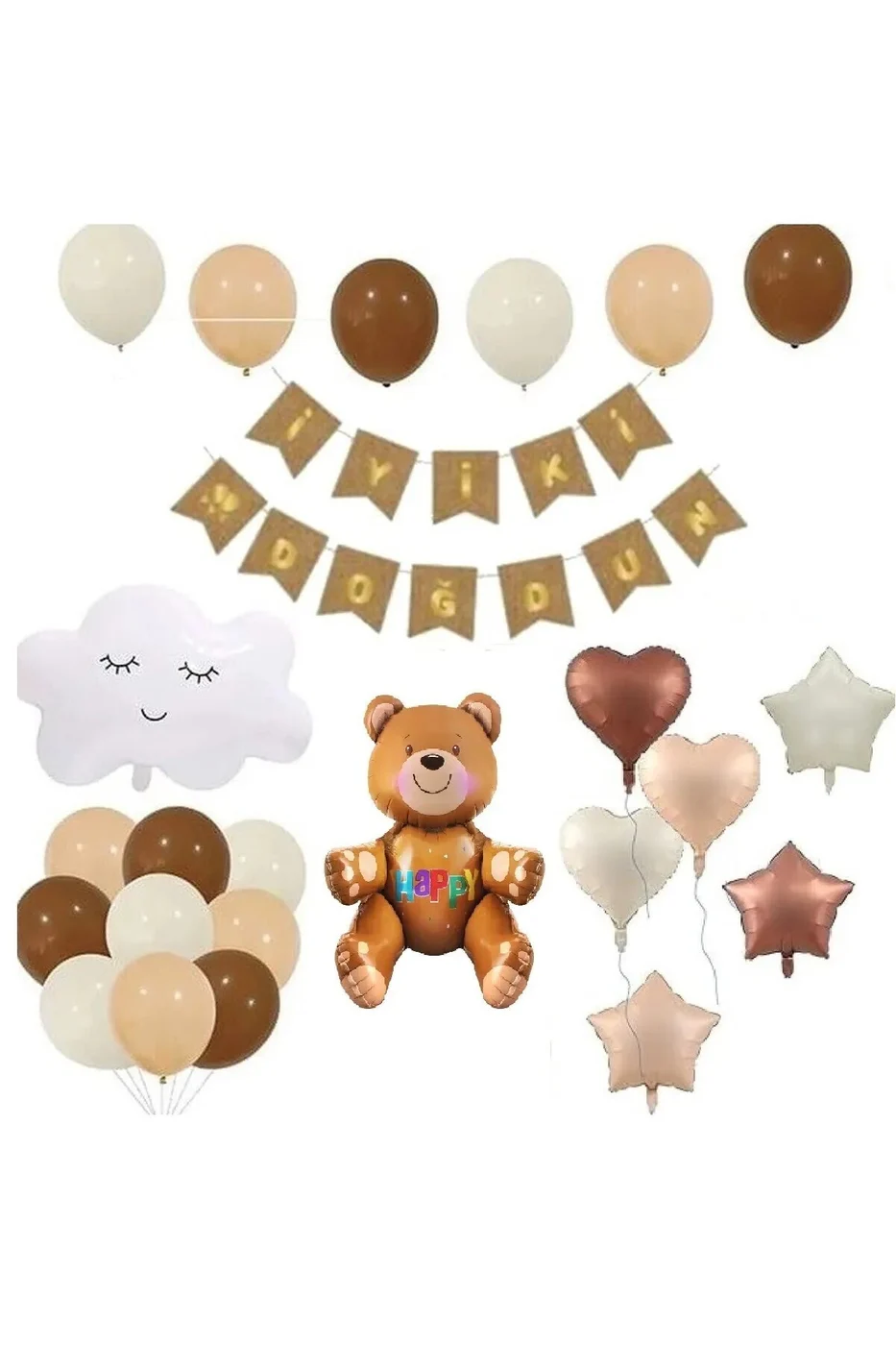 Retro Doğum Günü Seti, OTURAN AYI Banner, Kalp Folyo ve Lateks Balon gorsel 2
