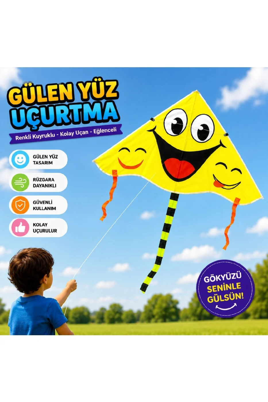 Gülen Yüz Uçurtma Çocuk Uçurtması | Kolay Uçan | Renkli Kuyruklu | İp Makaralı | Dayanıklı Açık Hava Oyuncağı gorsel 2