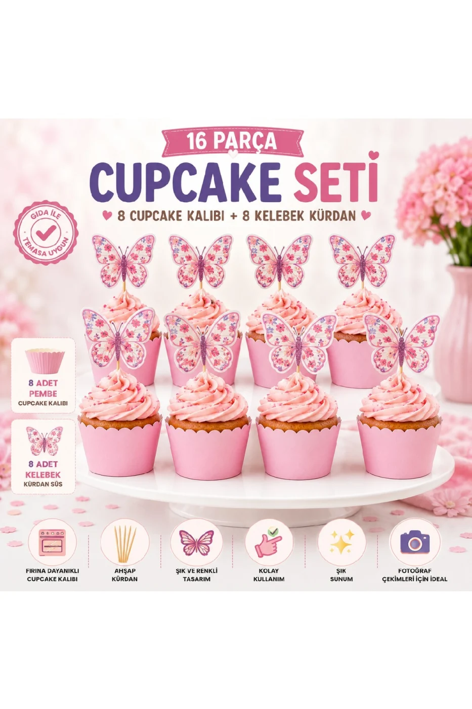 Kelebek Cupcake Süsü ve Cupcake Kalıbı Seti 8+8 Parça | Doğum Günü, Baby Shower, Diş Buğdayı Parti Malzemesi gorsel 5