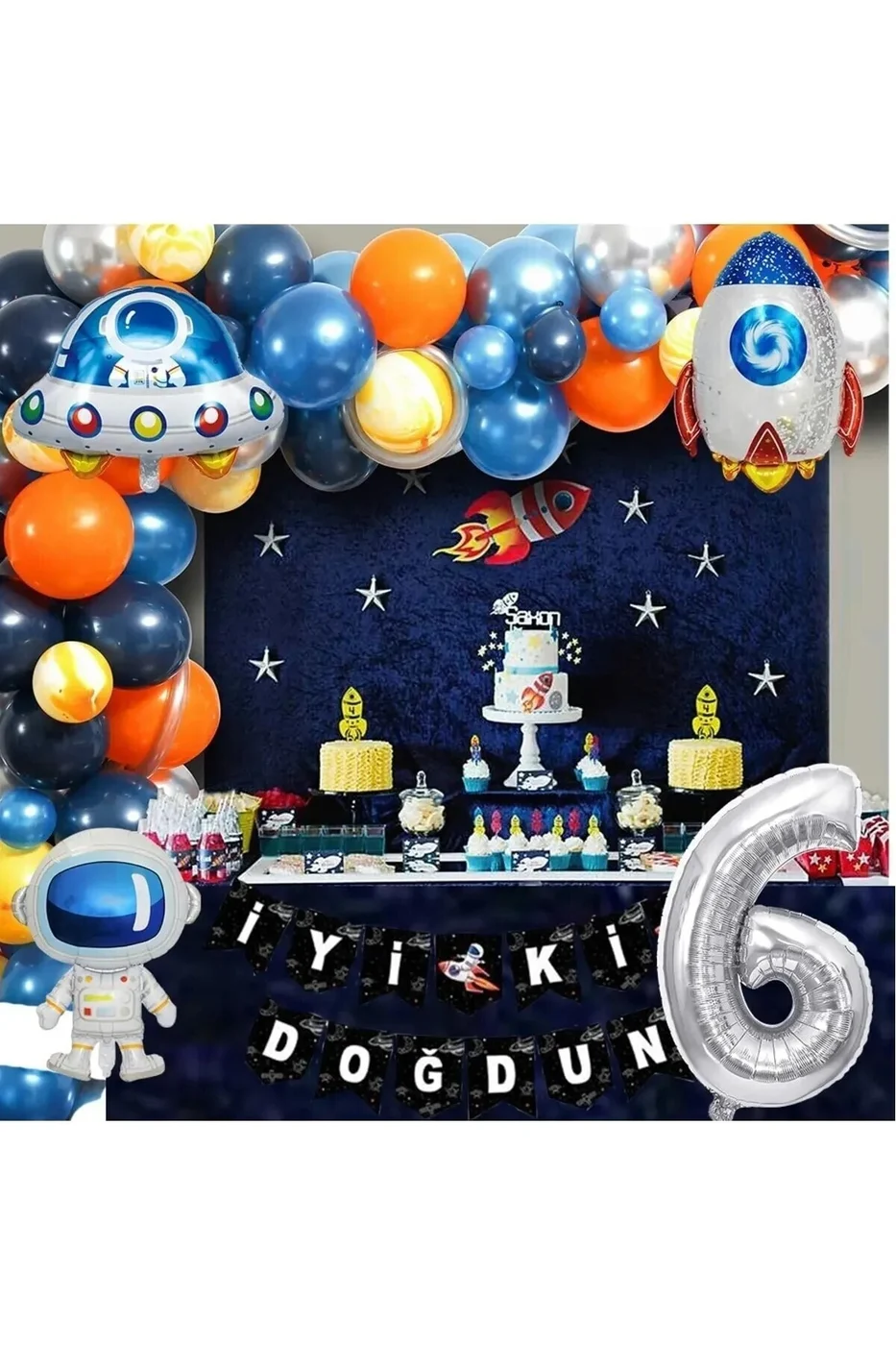 Uzay Temalı Doğum Günü Seti 6 Yaş; 4 Adet Folyo, 50 Lateks Balon, Banner, Balon Zinciri, Balon Bandı