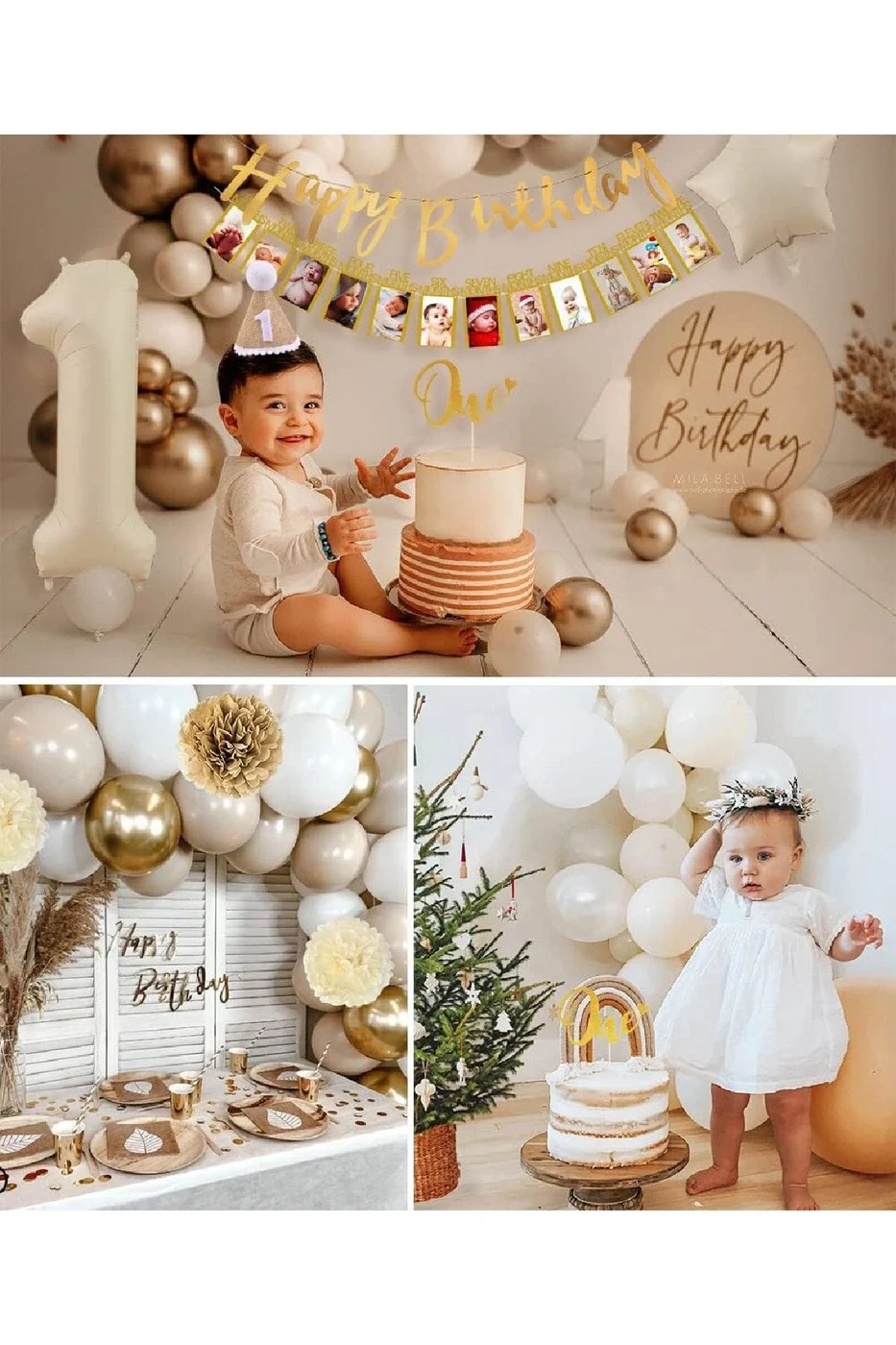 İlkDoğum Günü Dekorasyonu, Bej, Beyaz, Gold Rose Balonlar, 1. Doğum Günü, Doğum Günü Parti Seti Süsü gorsel 4