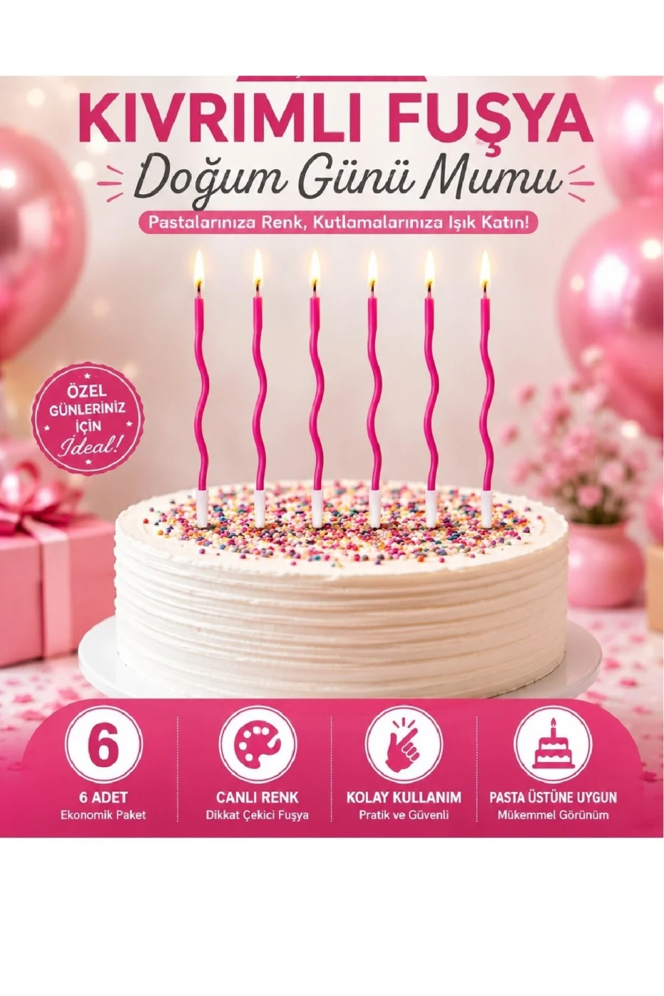 6'lı Fuşya Kıvrımlı Doğum Günü Pasta Mumu – Spiral Kutlama Mum Seti gorsel 2