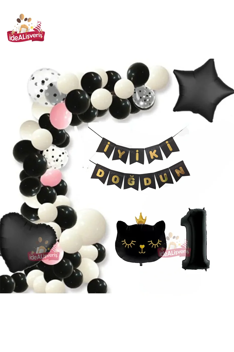 Bannerli 1 Yaş Siyah Kedi Folyolu Kalp Yıldız Siyah Beyaz Konsept Doğum Günü Seti