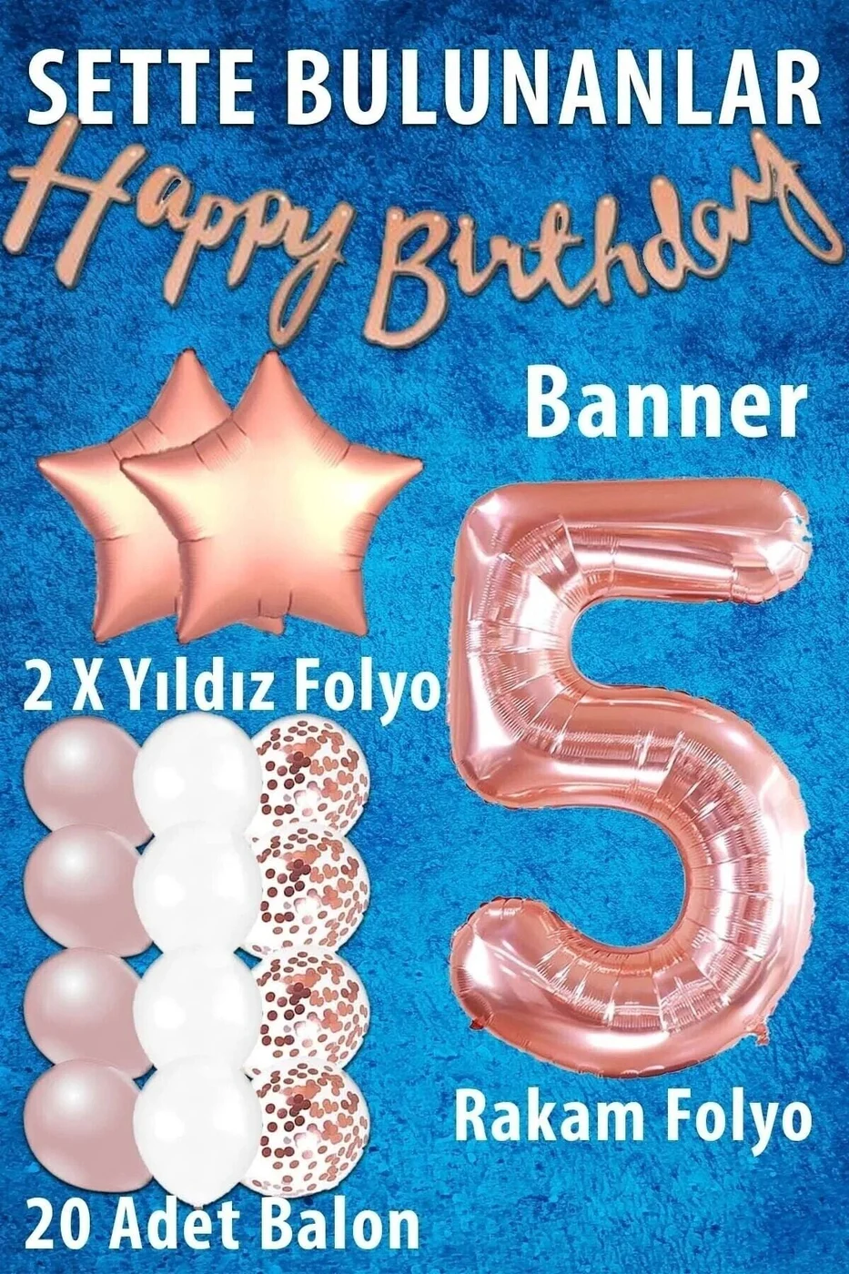 Rose Gold Konsept Yaş Doğum Günü Kutlama Seti; Beyaz Gold Konfetili Balon, Rakam Yıldız gorsel 2