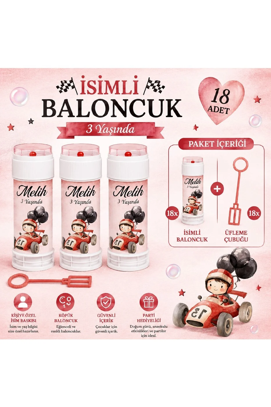Kişiye Özel İsimli Baloncuk 18 Adet – Formula Temalı Doğum Günü Parti Hediyeliği Köpük Baloncuk Seti gorsel 2