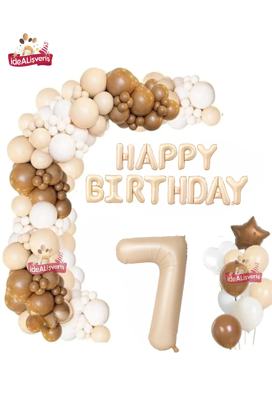 Bej Happy Birthday 7 Yaş Folyo Balon Bej Beyaz Kahverengi Konsept Doğum Günü Parti Seti