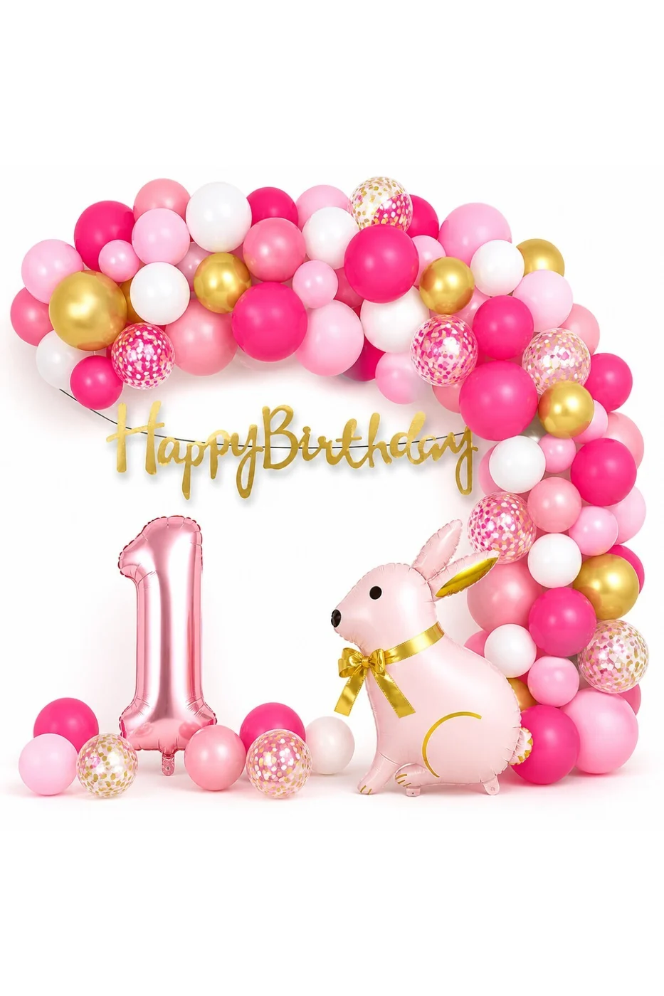 Pembe Tavşan Doğum Günü Seti 1-9 Yaş – Gold Balon Zinciri Happy Birthday Banner Parti Konsepti