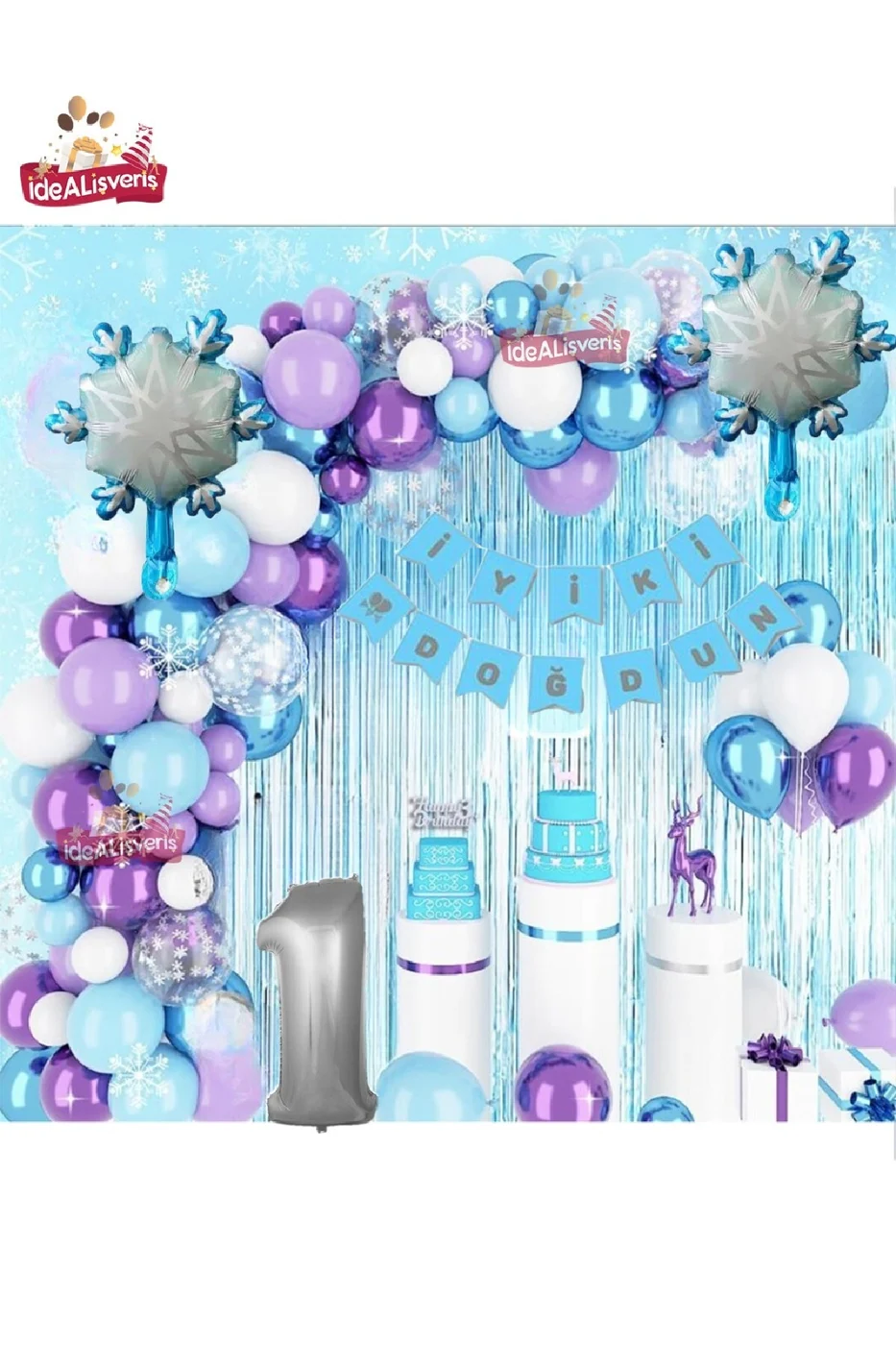 KIZ ÇOCUKLARI İÇİN LÜKS FROZEN ELSA TEMALI KAR TANESİ FOLYO BALONLU DOĞUM GÜNÜ PARTİ SETİ SÜSÜ