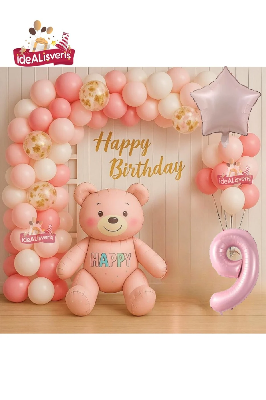 KIZ ÇOCUKLAR İÇİN PEMBE YAŞ AYICIK FOLYO BALONLU DOĞUM GÜNÜ PARTİ SETİ SÜSÜ gorsel 8