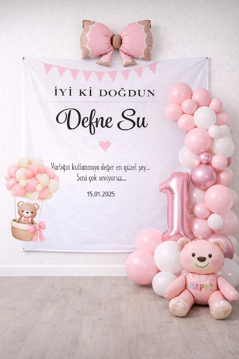 İsme Özel Ayıcıklı & Fiyonklu Premium Yaş Doğum Günü Parti Seti Süsü – Branda Dahil