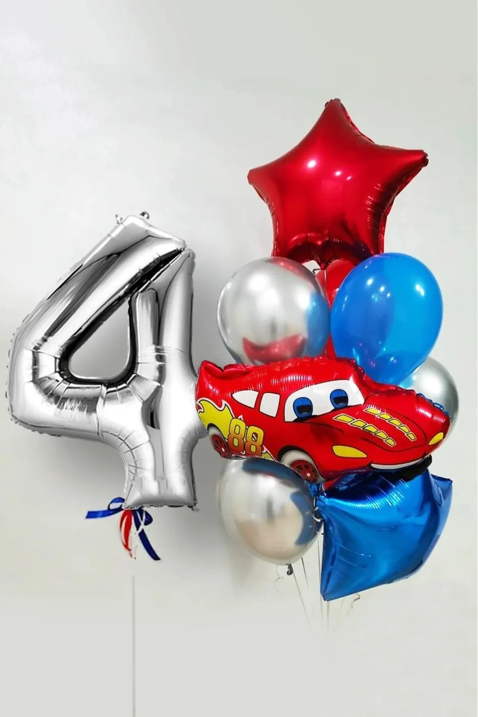 Yaş Folyolu Şimşek Araba Temalı Balon Seti 76cm Gümüş Rakam Balonlu Yıldızlı Set