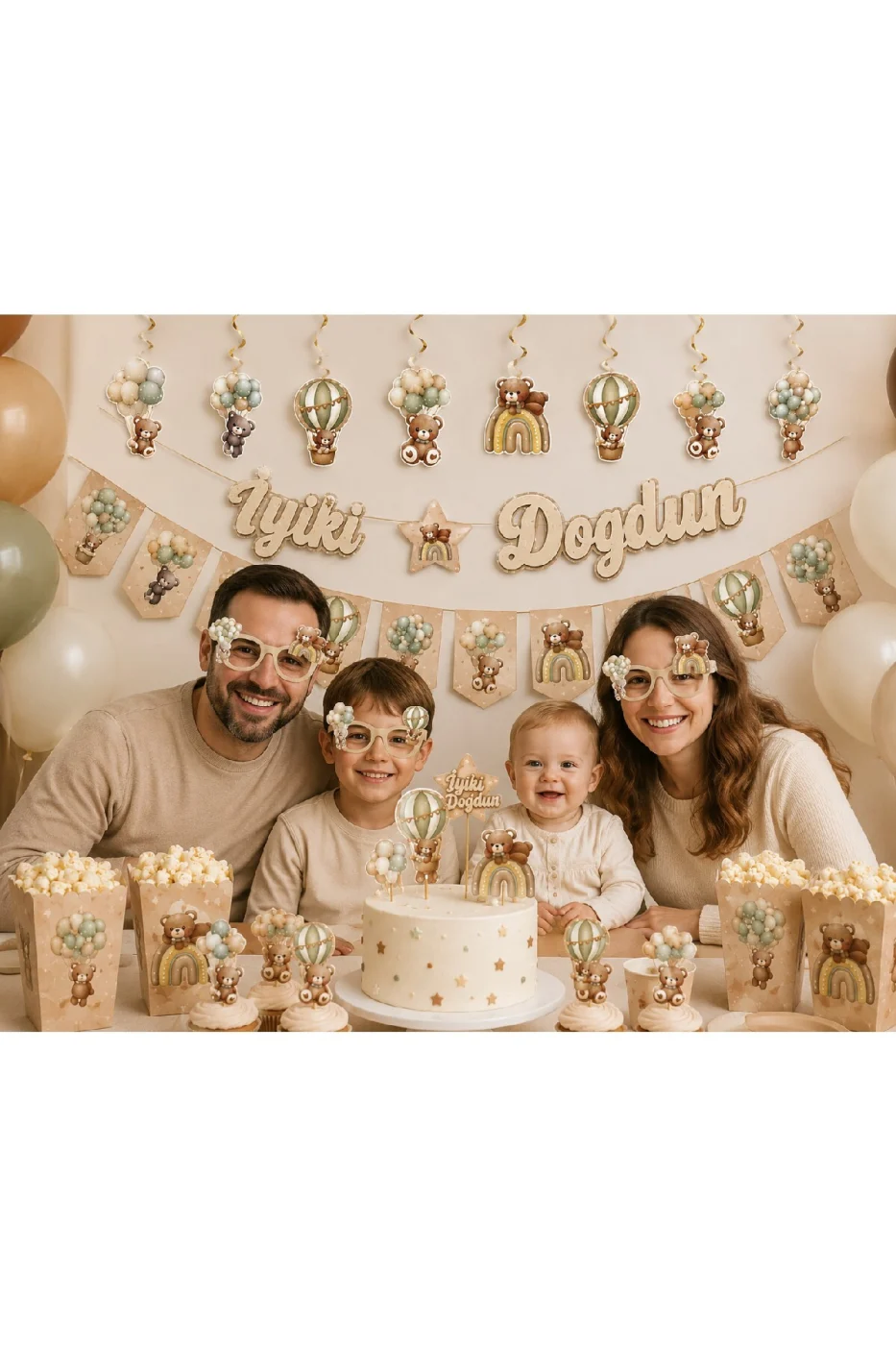 Ayıcık Parti Seti 30 Parça Teddy Bear İyi Ki Doğdun Doğum Günü Süsleri Banner Gözlük Pasta Figürü Mısır Kutusu Bebek Parti Konsepti gorsel 3