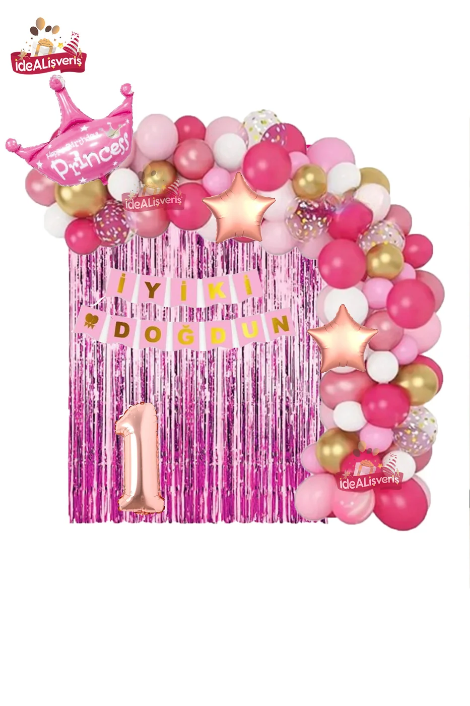 Yıldızlı Pembe Beyaz Konseptli 1 Yaş Kraliçe Taçlı Doğum Günü Balon Zincir Seti