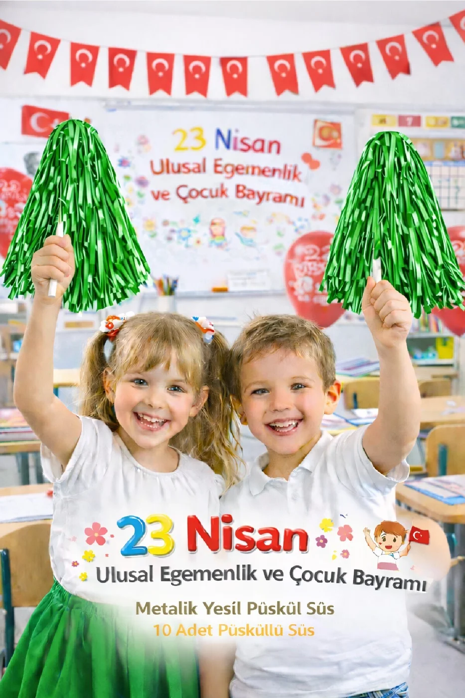10 Çift 23 Nisan Metalik Püskül Süs – Çocuk Bayramı Parti Dekoru 20 Adet