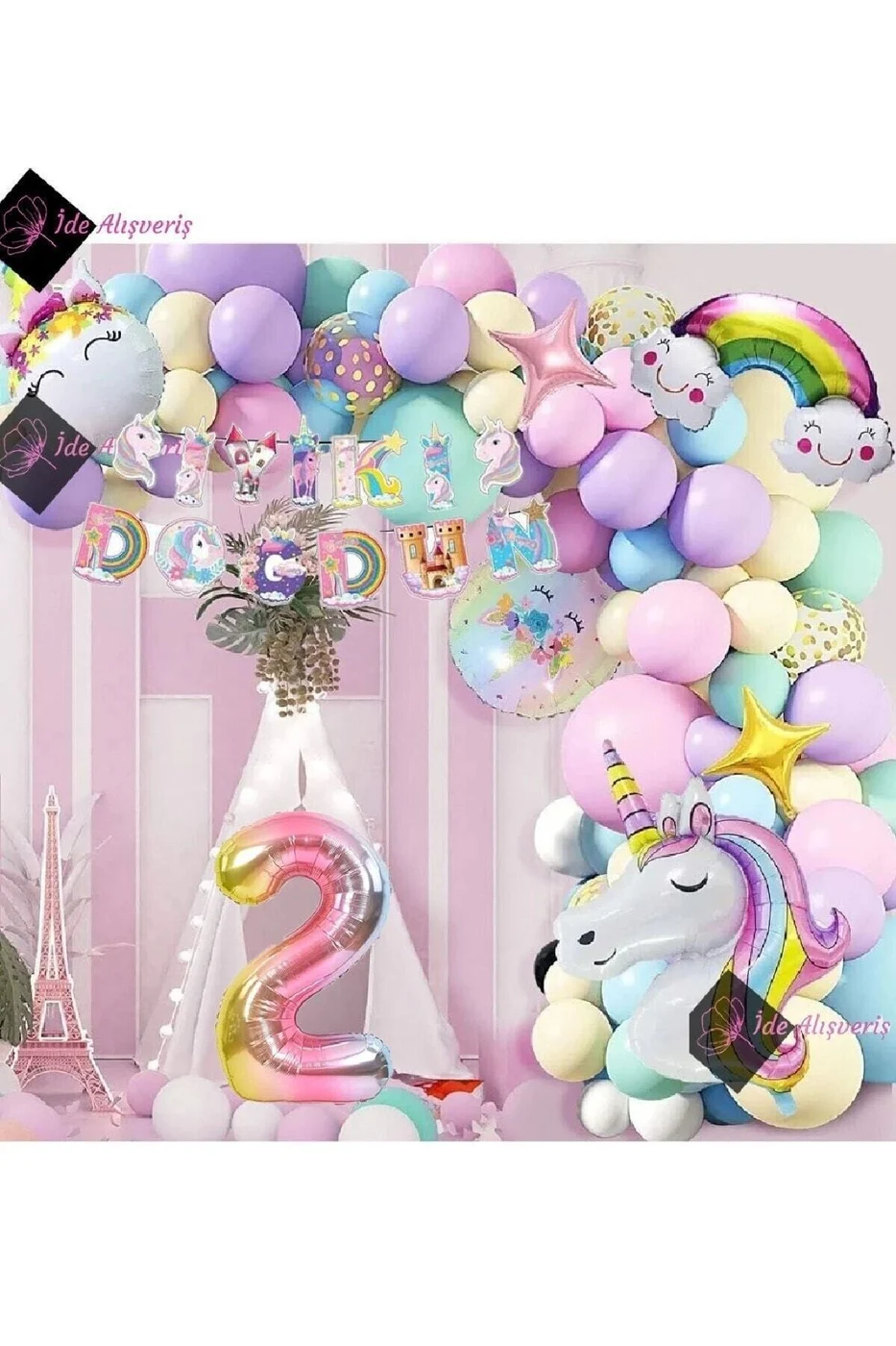 2 Yaş Karakterli Unicorn Temalı Iyi Ki Doğdun Makaron Balon Doğum Günü Parti Kutlama Seti gorsel 2