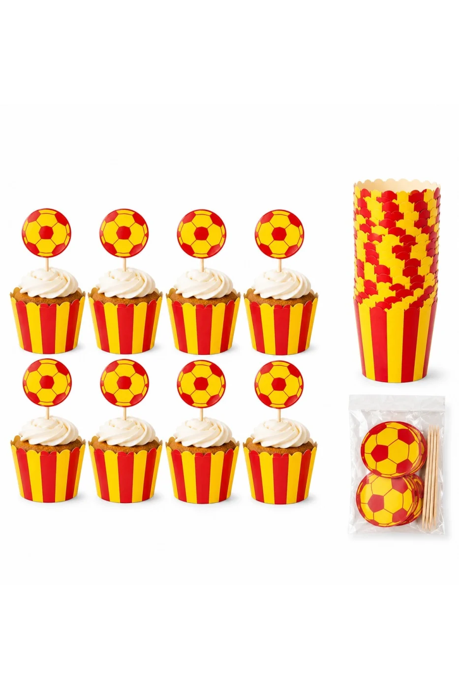Sarı Kırmızı Cupcake Kalıbı ve Kürdan Süs Seti 16 Parça – 8 Cupcake Kalıbı + 8 Futbol Kürdan Doğum Günü Parti Malzemesi