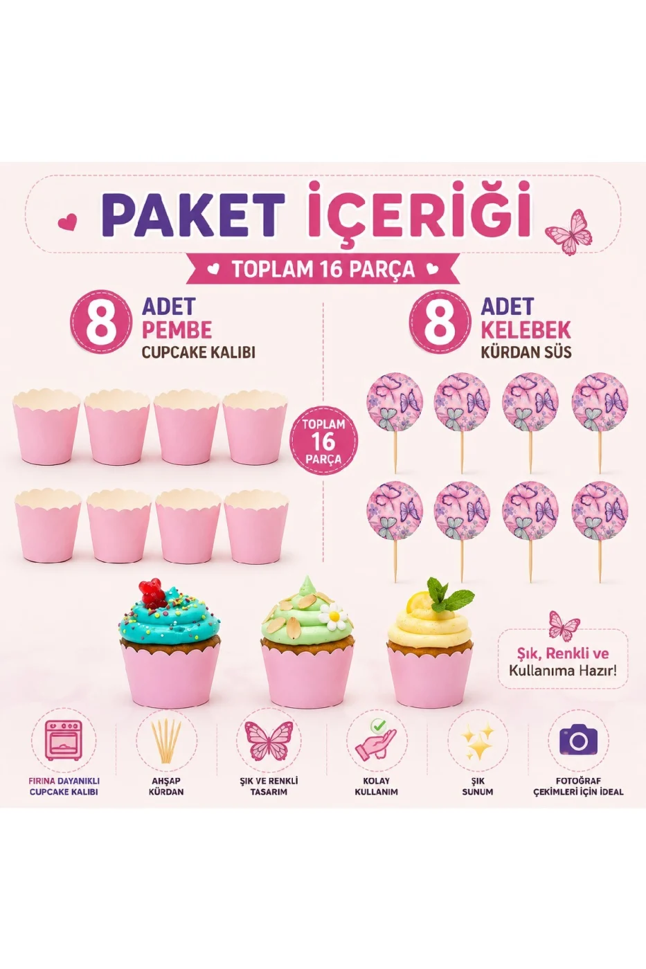 Kelebek Cupcake Süsü ve Cupcake Kalıbı Seti 8+8 Parça | Doğum Günü, Baby Shower, Diş Buğdayı Parti Malzemesi gorsel 2