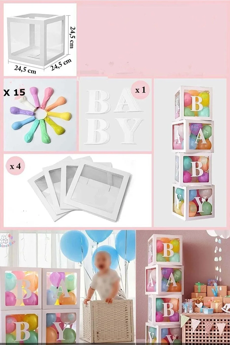 Baby Yazılı Şeffaf Pembe Kutu Balon Seti, Baby Balon Kutusu Bebek Çocuk Doğum Günü gorsel 2