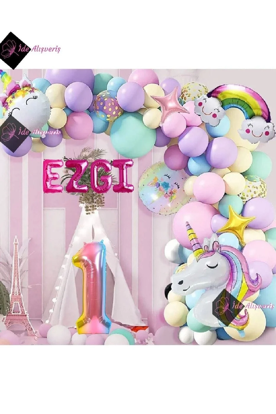 1 Yaş Ve 4 Harfli Gökkuşağı Konsepti Unicorn Temalı Makaron Balon Doğum Günü Parti Kutlama Seti gorsel 4