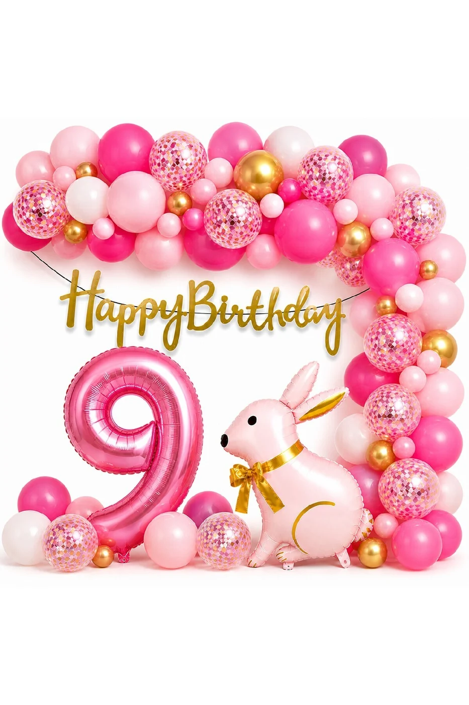 Pembe Tavşan Doğum Günü Seti 1-9 Yaş – Gold Balon Zinciri Happy Birthday Banner Parti Konsepti gorsel 5