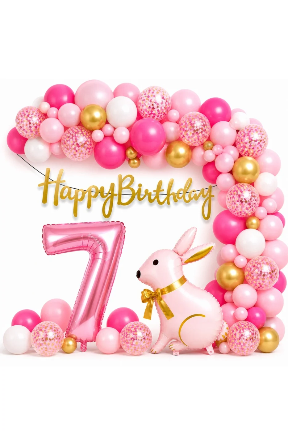 Pembe Tavşan Doğum Günü Seti 1-9 Yaş – Gold Balon Zinciri Happy Birthday Banner Parti Konsepti gorsel 5