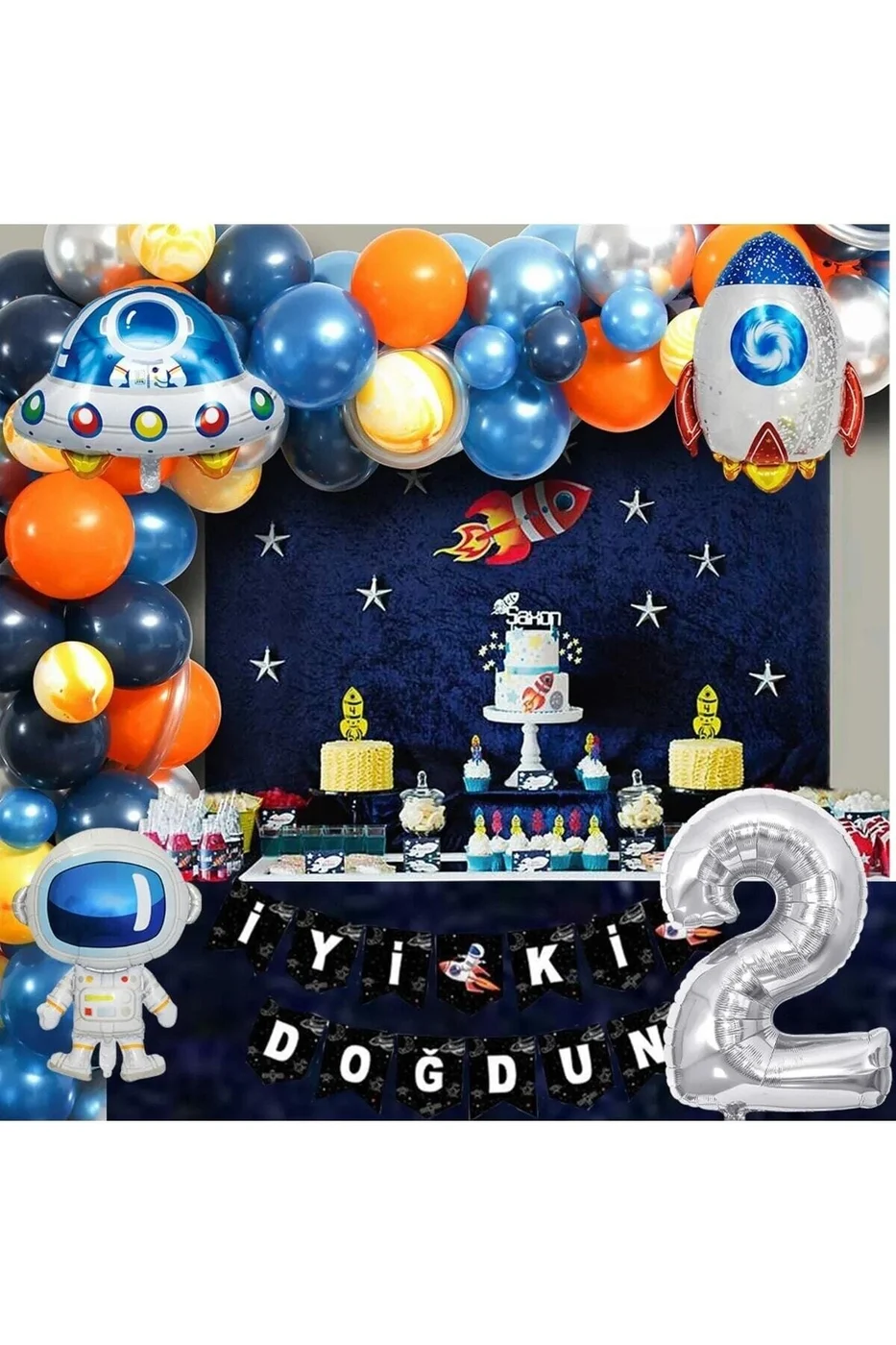 Uzay Temalı Doğum Günü Seti 2 Yaş; 4 Adet Folyo, 50 Lateks Balon, Banner, Balon Zinciri, Balon Bandı gorsel 2