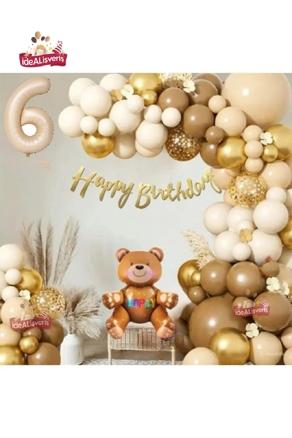 BEJ RETRO RENK OTURAN AYI FOLYO BALONLU BALON ZİNCİR SET DOĞUM GÜNÜ PARTİ SETİ SÜSÜ