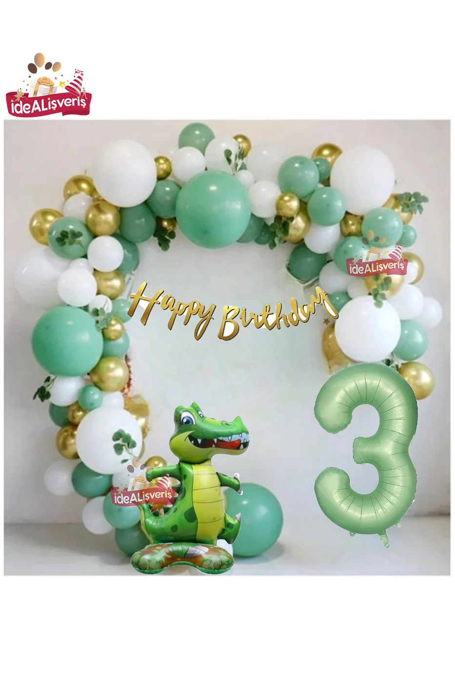 Mat Yeşil 3 Yaş Ayaklı Timsah Folyo Balon Happy Birthday Kaliğrafi Yeşil Gold Doğum Günü Parti Seti