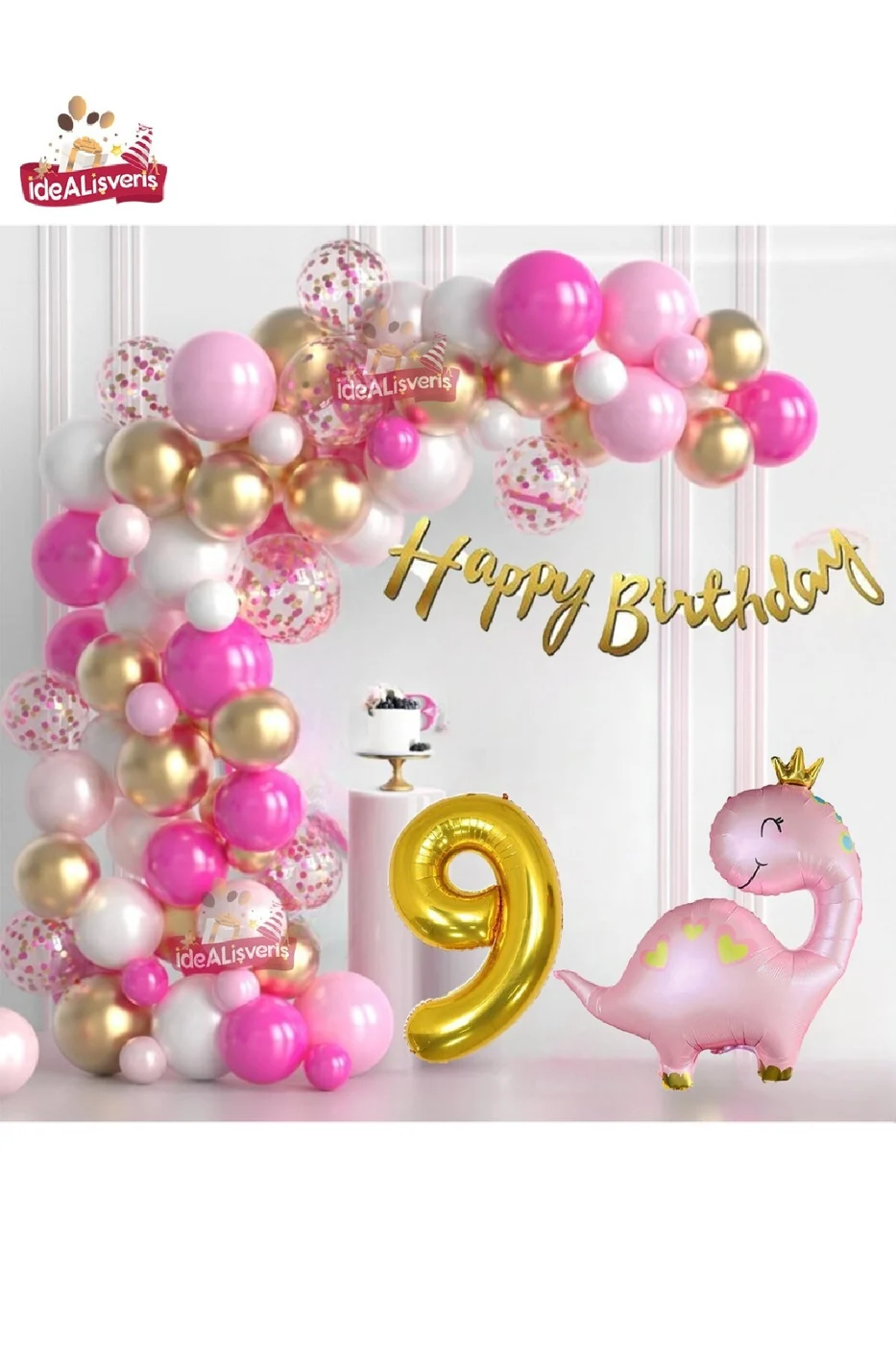 Lüks Pembe Dinozor 9 Yaş Folyo Balonlu Pembe Gold Beyaz Doğum Günü Parti Seti Süsü gorsel 4