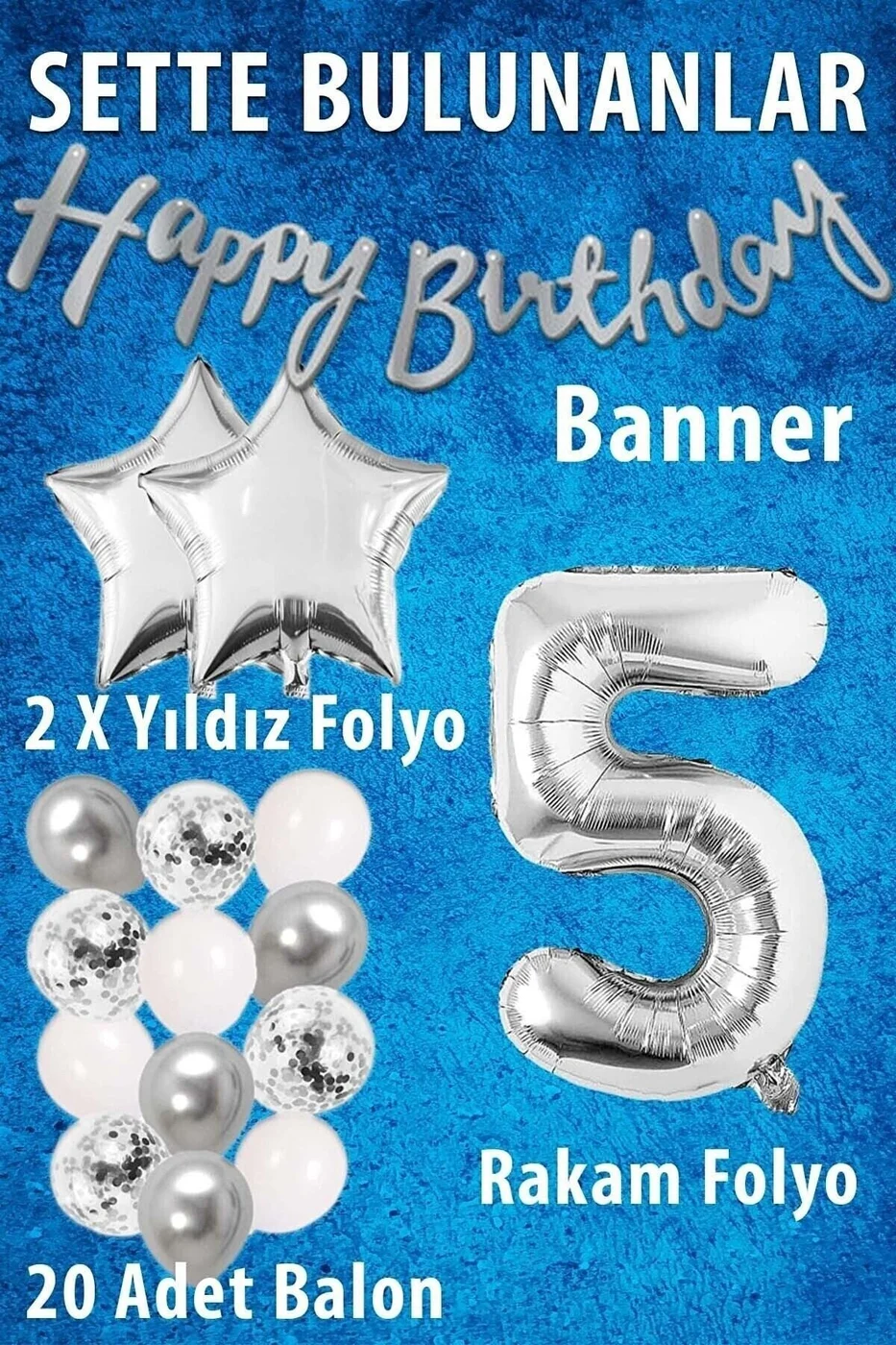 Gümüş Konsept Doğum Günü Kutlama Seti Beyaz Gümüş Konfetili Balon Rakam Yıldız Folyo Ve Banner gorsel 2
