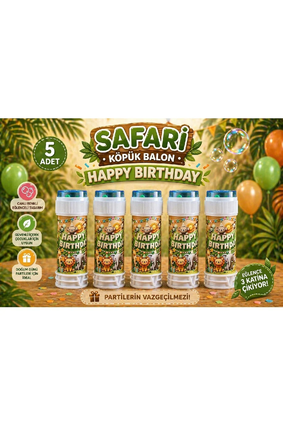 Safari Temalı Happy Birthday Köpük Balon Seti 3’lü 5’li 10’lu Doğum Günü Parti Dağıtmalık Köpük