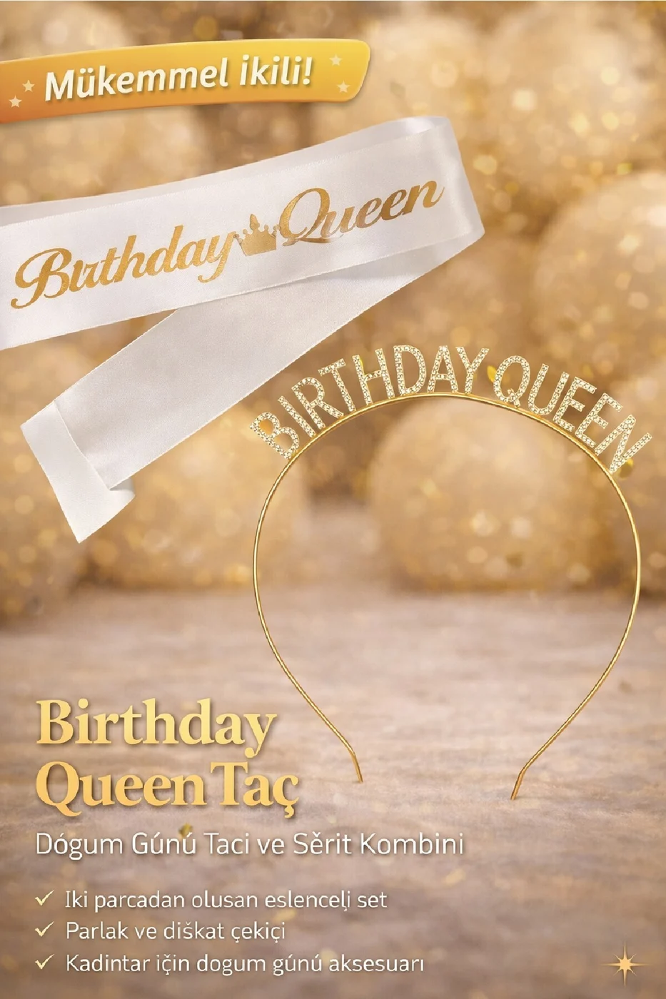 Metal Birthday Queen Taç & Kuşak Seti – Gold Gümüş Doğum Günü Aksesuarı (2’li Set) gorsel 2