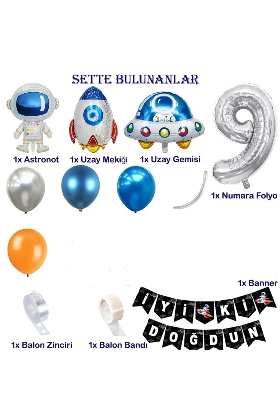 Uzay Temalı Doğum Günü Seti 9 Yaş; 4 Adet Folyo, 50 Lateks Balon, Banner, Balon Zinciri, Balon Bandı gorsel 3