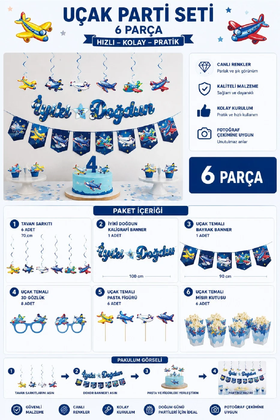 Uçak Parti Seti 6 Parça | İyi Ki Doğdun Doğum Günü Süsleri | Erkek Çocuk Parti Konsepti | Banner + Tavan Sarkıt + Pasta Figürü gorsel 6